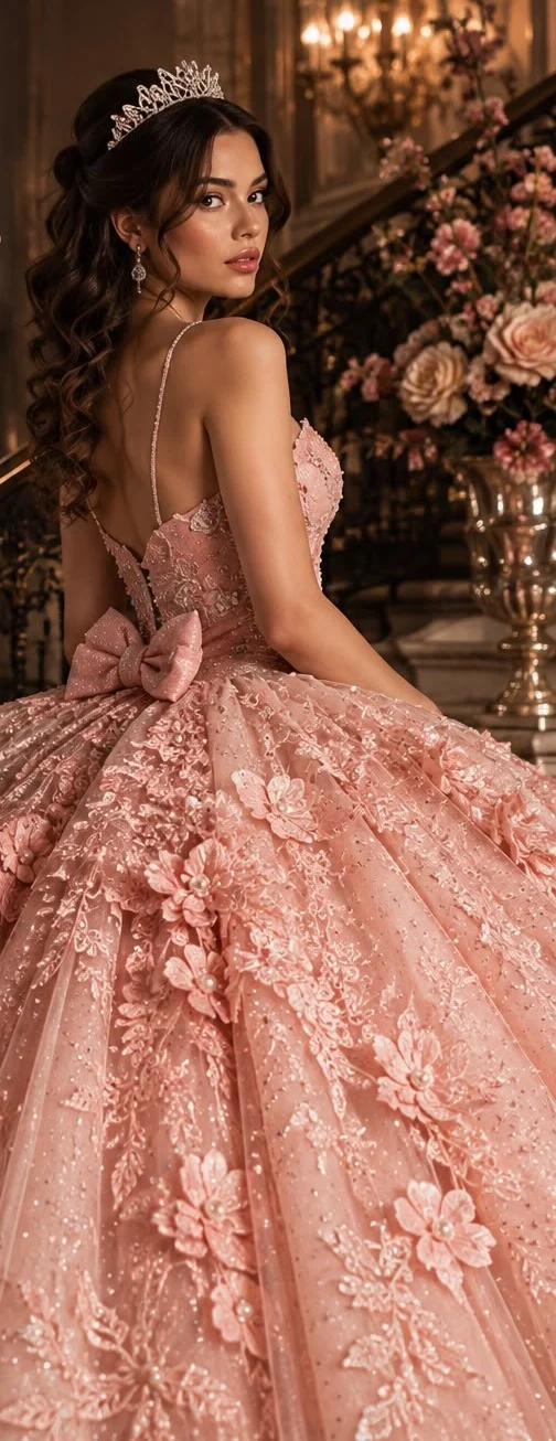 Quinceañera con vestido rosa bordado de flores en una escalera
